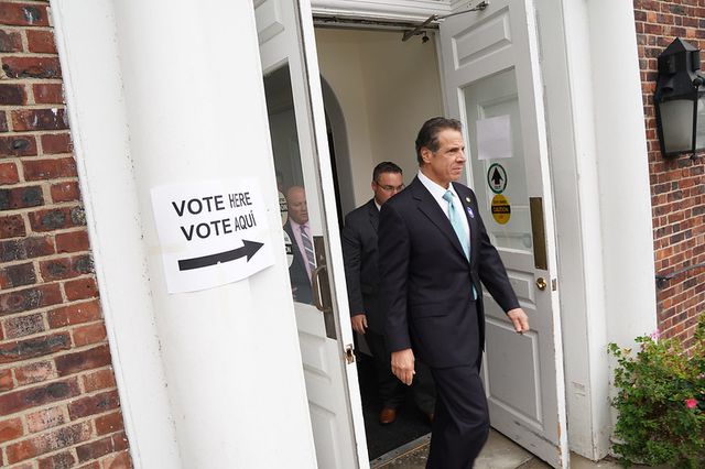 Governor Andrew Cuomo exits a polling site in Westchester County during the early voting phase in October 2019.